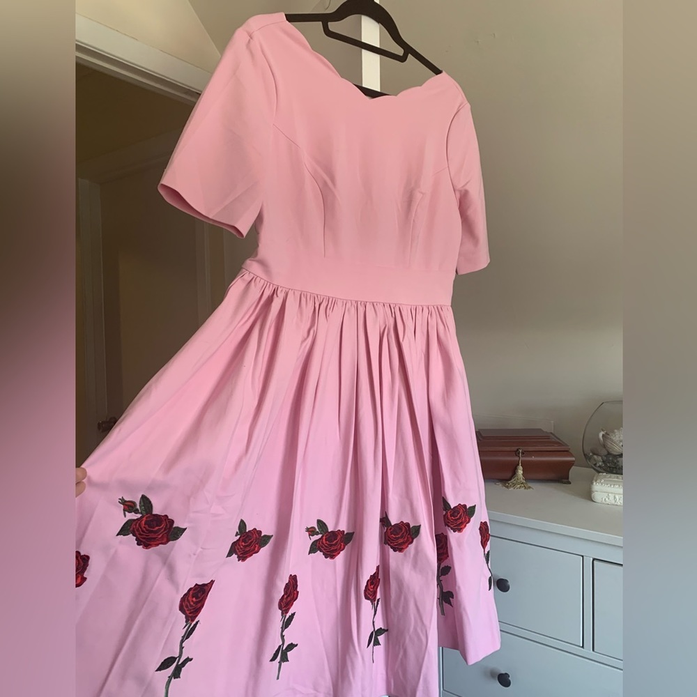 Hell Bunny Pink Fit-and-Flare Dress with Rose Embroidery